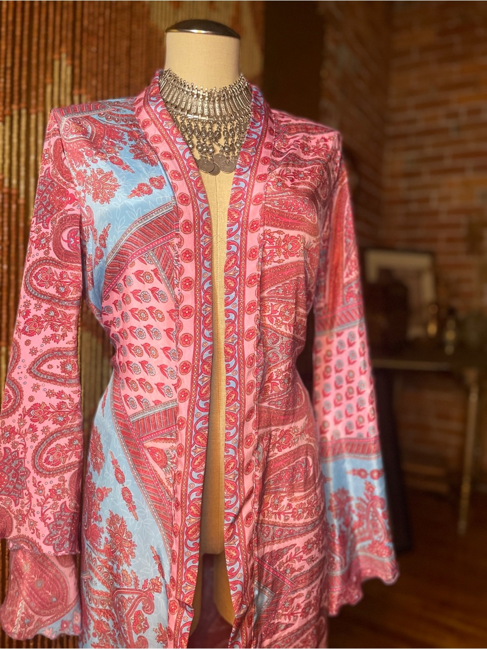 Pink & Light Blue Paisley Long Robe - Picture 5 of 9